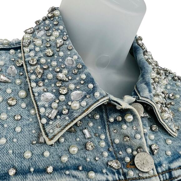 ALICE + OLIVIA Nelson Embellished Beaded Cropped Fitted Denim Jean Jacket Md NEW - Picture 9 of 15